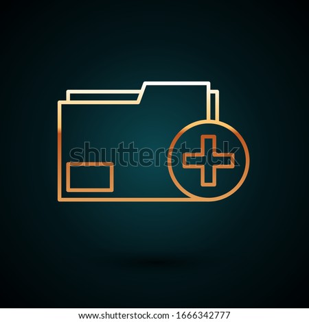 Gold line Add new folder icon isolated on dark blue background. New folder file. Copy document icon. Add attach create folder make new plus.  Vector Illustration