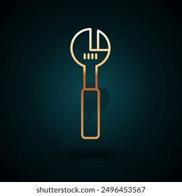 Gold line Adjustable wrench icon isolated on dark blue background.  Vector Illustration