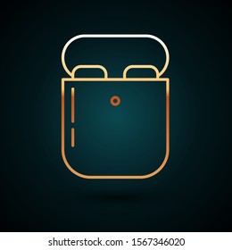 Gold line Air headphones in box icon icon isolated on dark blue background. Holder wireless in case earphones garniture electronic gadget.  Vector Illustration