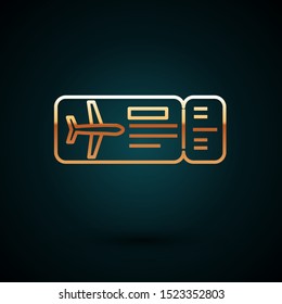 Gold line Airline ticket icon isolated on dark blue background. Plane ticket.  Vector Illustration