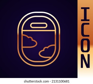 Gold line Airplane window icon isolated on black background. Aircraft porthole.  Vector
