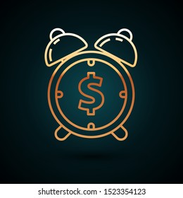 Gold line Alarm clock with dollar symbol icon isolated on dark blue background. Time is money. Effective time management. Business concept.  Vector Illustration