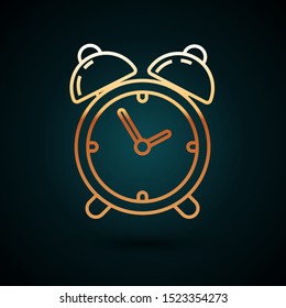 Gold line Alarm clock icon isolated on dark blue background. Wake up, get up concept. Time sign.  Vector Illustration