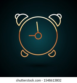 Gold line Alarm clock icon isolated on dark blue background. Wake up, get up concept. Time sign.  Vector Illustration
