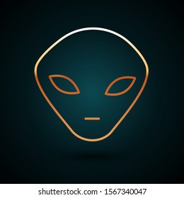 Gold line Alien icon isolated on dark blue background. Extraterrestrial alien face or head symbol.  Vector Illustration