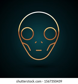 Gold line Alien icon isolated on dark blue background. Extraterrestrial alien face or head symbol.  Vector Illustration