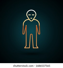 Gold line Alien icon isolated on dark blue background. Extraterrestrial alien face or head symbol.  Vector Illustration