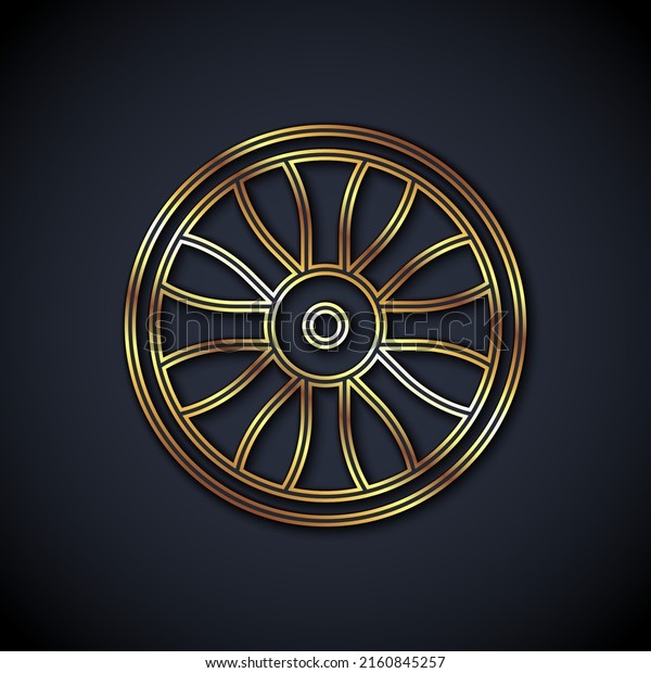 Gold line Alloy wheel for car icon isolated on\
black background.  Vector