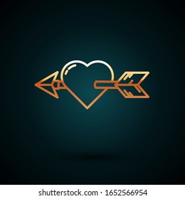 Gold line Amour symbol with heart and arrow icon isolated on dark blue background. Love sign. Valentines symbol.  Vector Illustration
