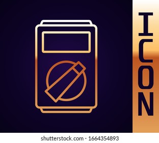 Gold line Ampere meter, multimeter, voltmeter icon isolated on black background. Instruments for measurement of electric current.  Vector Illustration