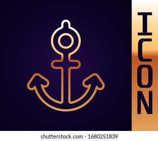 Gold line Anchor icon isolated on black background.  Vector Illustration