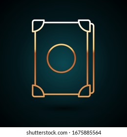 Línea de oro Antiguo libro de magia con recetas de alquimia y hechizos místicos e ícono de encantamientos aislados en fondo azul oscuro.  Ilustración vectorial
