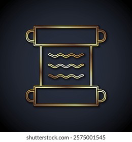 Gold line Ancient papyrus scroll icon isolated on black background. Parchment paper. Ancient Egypt symbol.  Vector