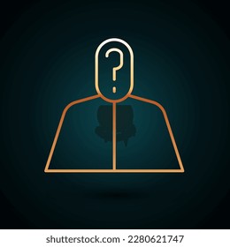 Gold line Anonymous man with question mark icon isolated on dark blue background. Unknown user, incognito profile, business secrecy, obscurity.  Vector Illustration