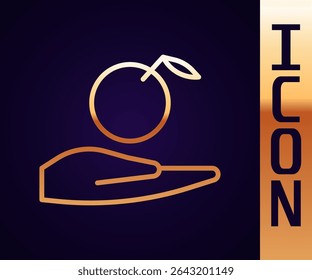 Gold line Apple in hand icon isolated on black background. Fruit with leaf symbol.  Vector Illustration