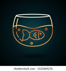 Gold line Aquarium with fish icon isolated on dark blue background. Round glass aquarium. Aquarium for home and pets.  Vector Illustration