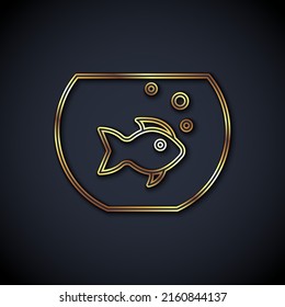Gold line Aquarium with fish icon isolated on black background. Round glass aquarium. Aquarium for home and pets.  Vector