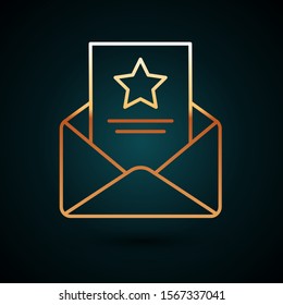 Gold line The arrest warrant icon isolated on dark blue background. Police badge with document. Warrant, police report, subpoena. Justice concept.  Vector Illustration