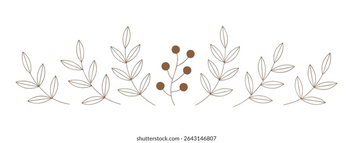 Gold Line Art Botanical Garland Five Delicate Branches Oval Leaves Berries White Background