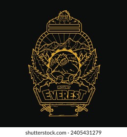 gold line art of the conqueror medal for the mount everest challenge, there is a cute yeti or bigfoot monster in the middle of the medal. Can be used for marathons