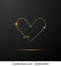 Gold line art heart with text in it. Happy Valentine’s day vector greeting card on black background. Concept for golden Valentines postcard, poster, banner, flyer, invitation, jewelry gift card