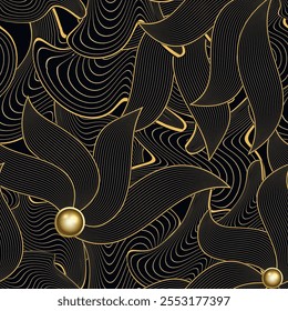 Gold line art luxury abstract hand drawn beautiful seamless pattern with 3d pearls. Ornmental modern lines flowers, leaves vector background. Repeating fabric pattern. Luxe ornaments. Endless texture.