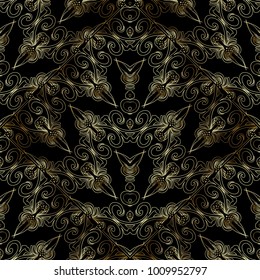 Gold line art tracery samless pattern. Vintage vector black background with damask golden flowers, leaves, antique swirl curve ornament in Victorian style. Luxury design for fabric, wallpapers, prints
