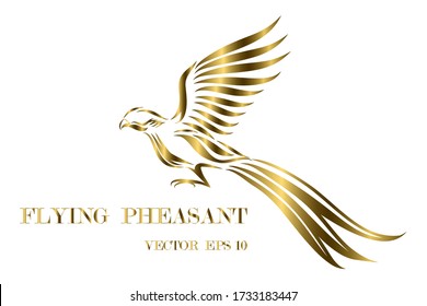 Gold line art vector logo of pheasant that is flying.