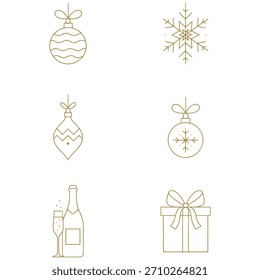 Gold line art vector set of holiday icons. Includes ornaments, snowflake, champagne bottle, glass, and gift box. Ideal for Christmas and New Year projects.