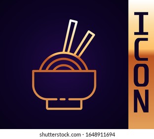 Gold line Asian noodles in bowl and chopsticks icon isolated on black background. Street fast food. Korean, Japanese, Chinese food.  Vector Illustration