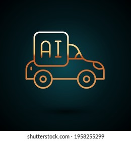 Línea dorada Icono de auto inteligente Inteligencia artificial autónoma aislado en fondo azul oscuro.  Vector