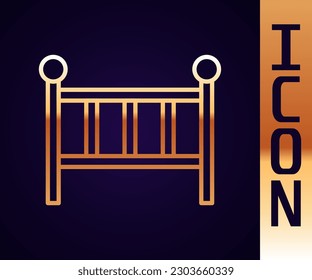 Gold line Baby crib cradle bed icon isolated on black background.  Vector