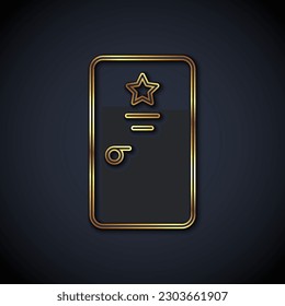 Gold line Backstage icon isolated on black background. Door with a star sign. Dressing up for celebrities.  Vector