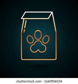 Gold line Bag of food for pet icon isolated on dark blue background. Food for animals. Pet food package. Dog or cat paw print.  Vector Illustration