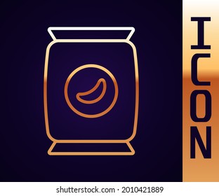 Gold line Bag or packet potato chips icon isolated on black background.  Vector Illustration