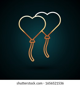 Gold line Balloons in form of heart with ribbon icon isolated on dark blue background. Valentines day.  Vector Illustration