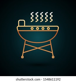 Gold line Barbecue grill icon isolated on dark blue background. BBQ grill party.  Vector Illustration