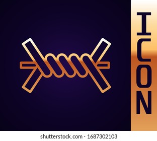 Gold line Barbed wire icon isolated on black background.  Vector Illustration