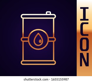Gold line Barrel oil icon isolated on black background.  Vector Illustration