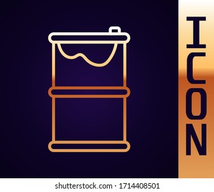 Gold line Barrel oil leak icon isolated on black background.  Vector Illustration