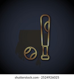 Gold line Baseball bat with ball icon isolated on black background.  Vector