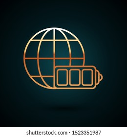 Gold line Battery charge level indicator with earth globe icon isolated on dark blue background. World or Earth sign.  Vector Illustration