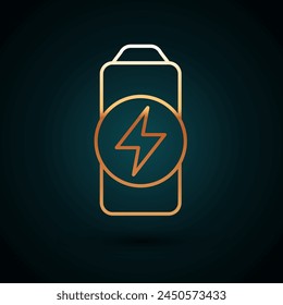 Línea dorada Icono del indicador de nivel de Recargo de la batería aislado sobre fondo azul oscuro.  Vector
