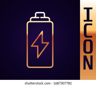 Gold line Battery icon isolated on black background. Lightning bolt symbol.  Vector Illustration