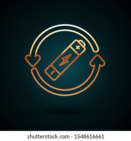 Gold line Battery with recycle symbol line icon isolated on dark blue background. Battery with recycling symbol - renewable energy concept.  Vector Illustration
