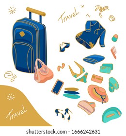 Gold line beach stuff on white isolated backdrop. Summer apparel set for tourist shop, notebook stickers or travel agency logo. Phone case or cloth print art. Holiday design stock vector illustration