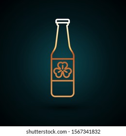 Gold line Beer bottle with four leaf clover icon isolated on dark blue background. Happy Saint Patricks day.  Vector Illustration