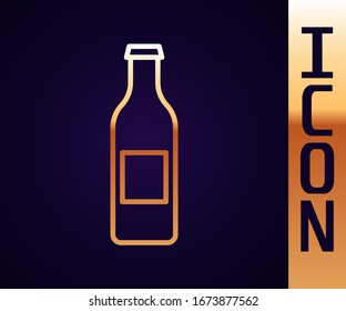 Gold line Beer bottle icon isolated on black background.  Vector Illustration