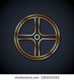 Gold line Bicycle wheel icon isolated on black background. Bike race. Extreme sport. Sport equipment.  Vector