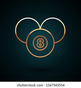 Gold line Billiard pool snooker 8 ball icon isolated on dark blue background. Billiard eight ball.  Vector Illustration